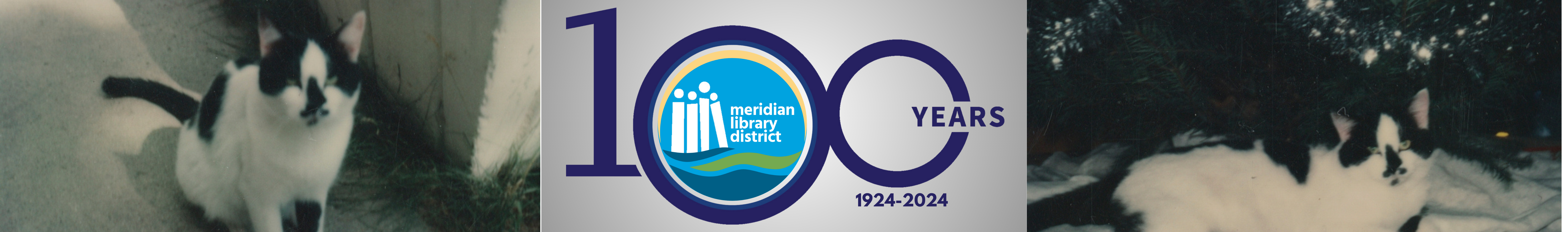 Meridian Library District centennial logo with pictures of Figaro, the library cat.