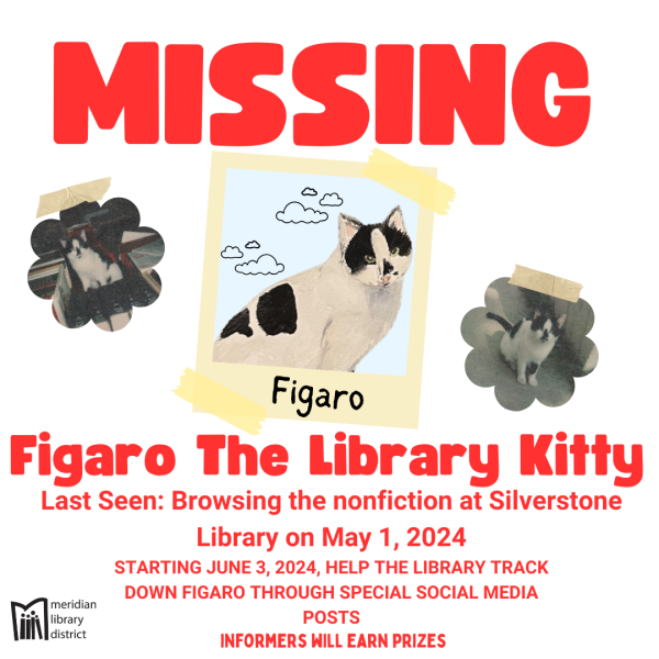 A graphic depicting a missing poster for Figaro, the library cat, advertising MLD's Kitten Quest program.