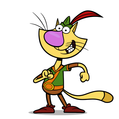 Nature Cat cartoon wears a hat with a feather and a green and brown outfit